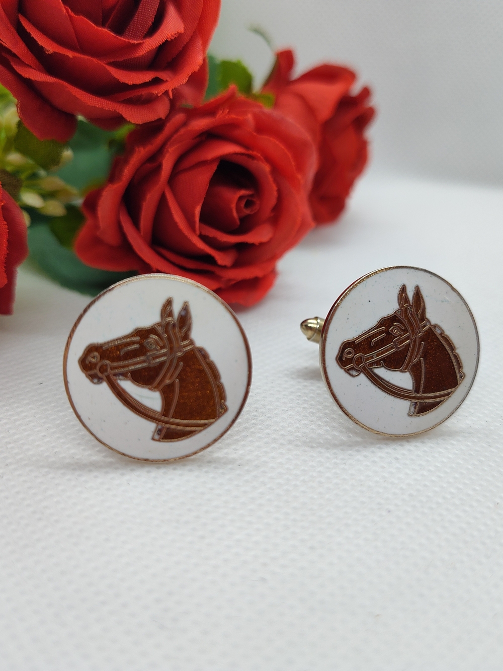 Vintage Equestrian Horse Head Enamel Cufflinks in Brown and White